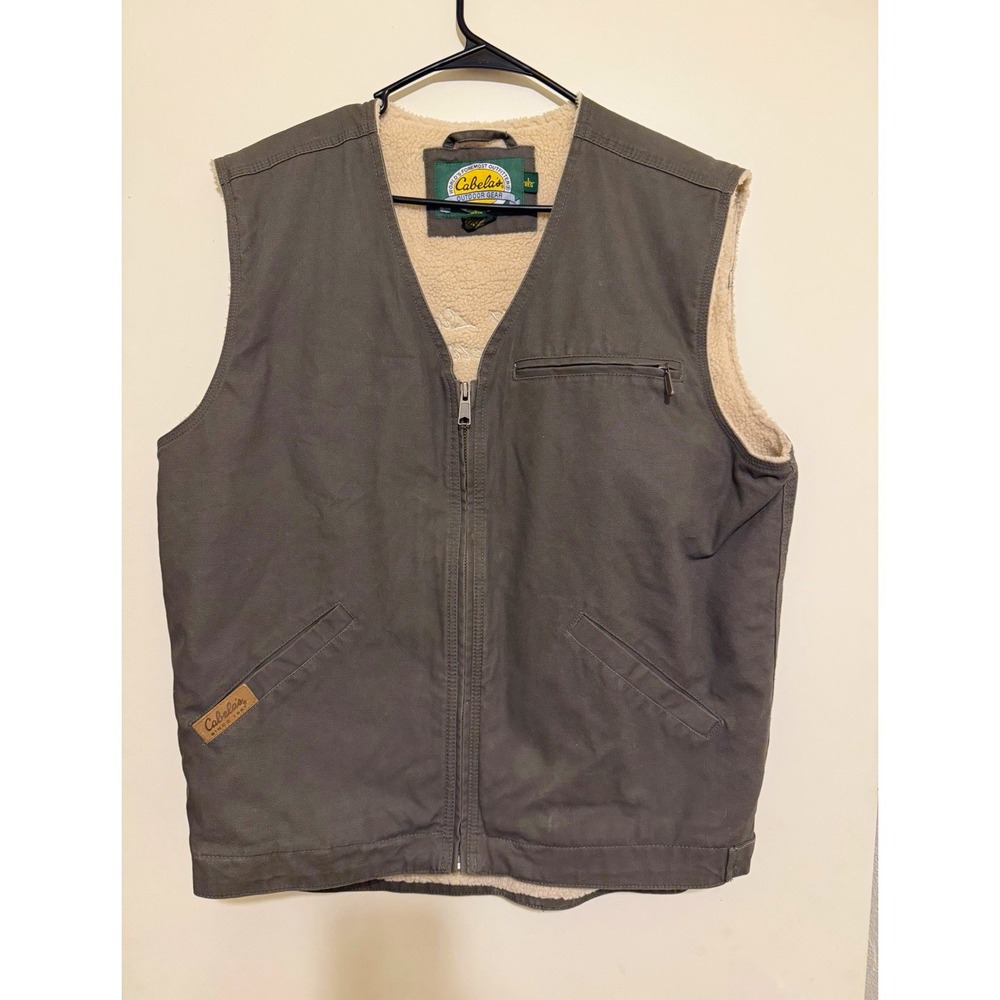 Cabela's Men's Gray Lined Full Zip Vest Size L Embroidered Logo V-Neck